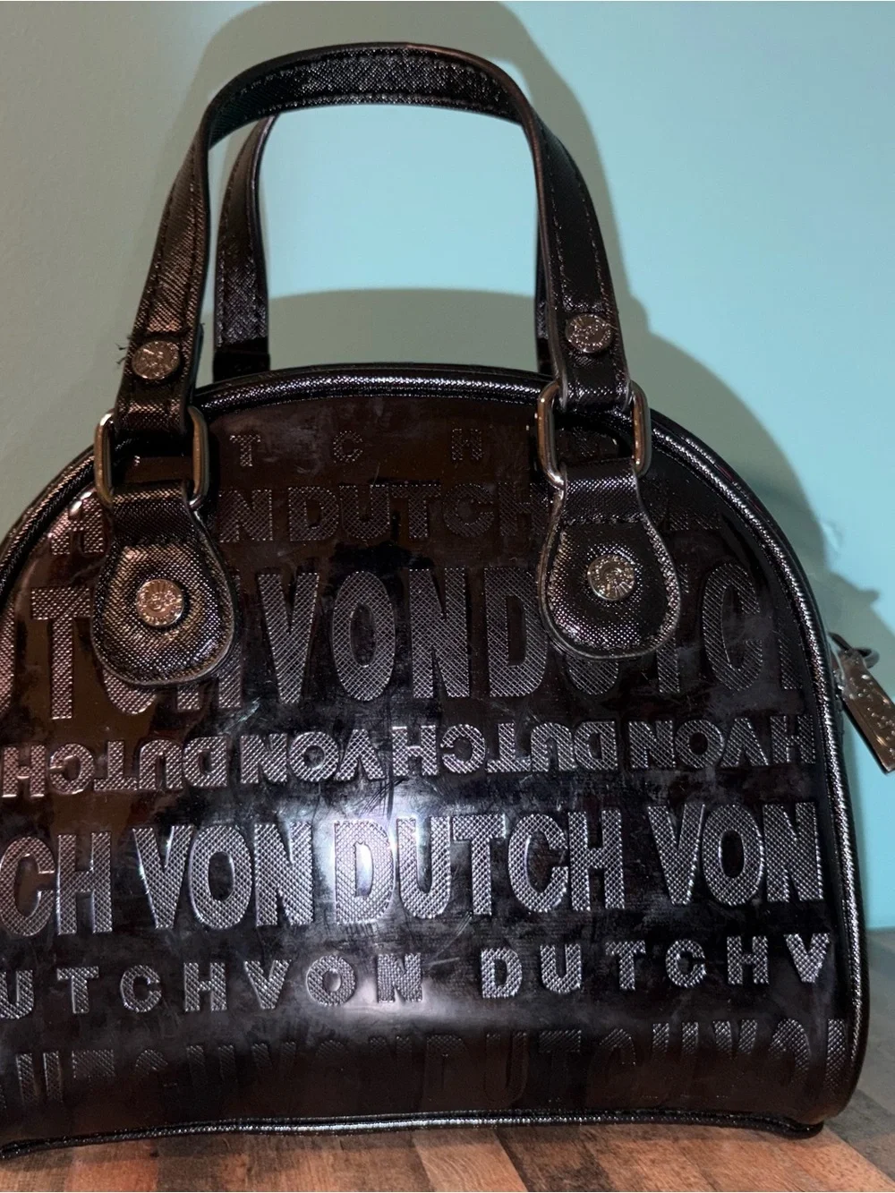Von Dutch Black Holographic Onyx Logo Bowling Bag Detachable Strap NWOT